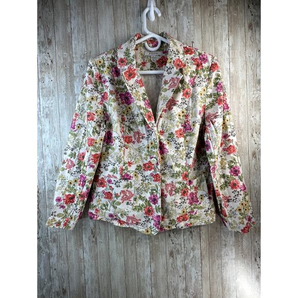JM Collection Blazer Jacket Womens 12 Cream Green 3 Button Stretch Cottagecore‎ - Picture 1 of 9